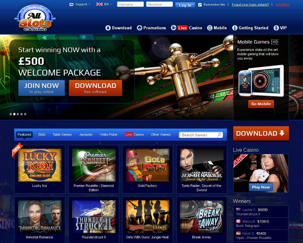 All Slots Casino website screenshot