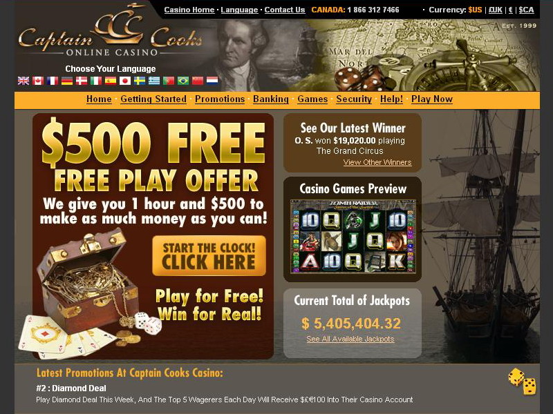 Captain Cooks Casino - $500 Free Play Bonus
